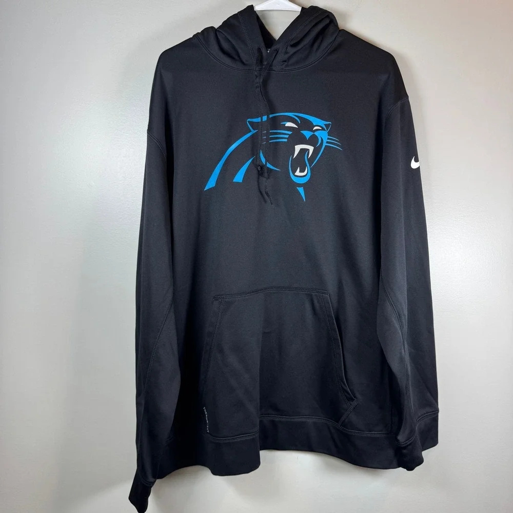Nike‎ Men's XXL Carolina Panthers Black Blue Therma-FIT Sideline Hoodie Pullover